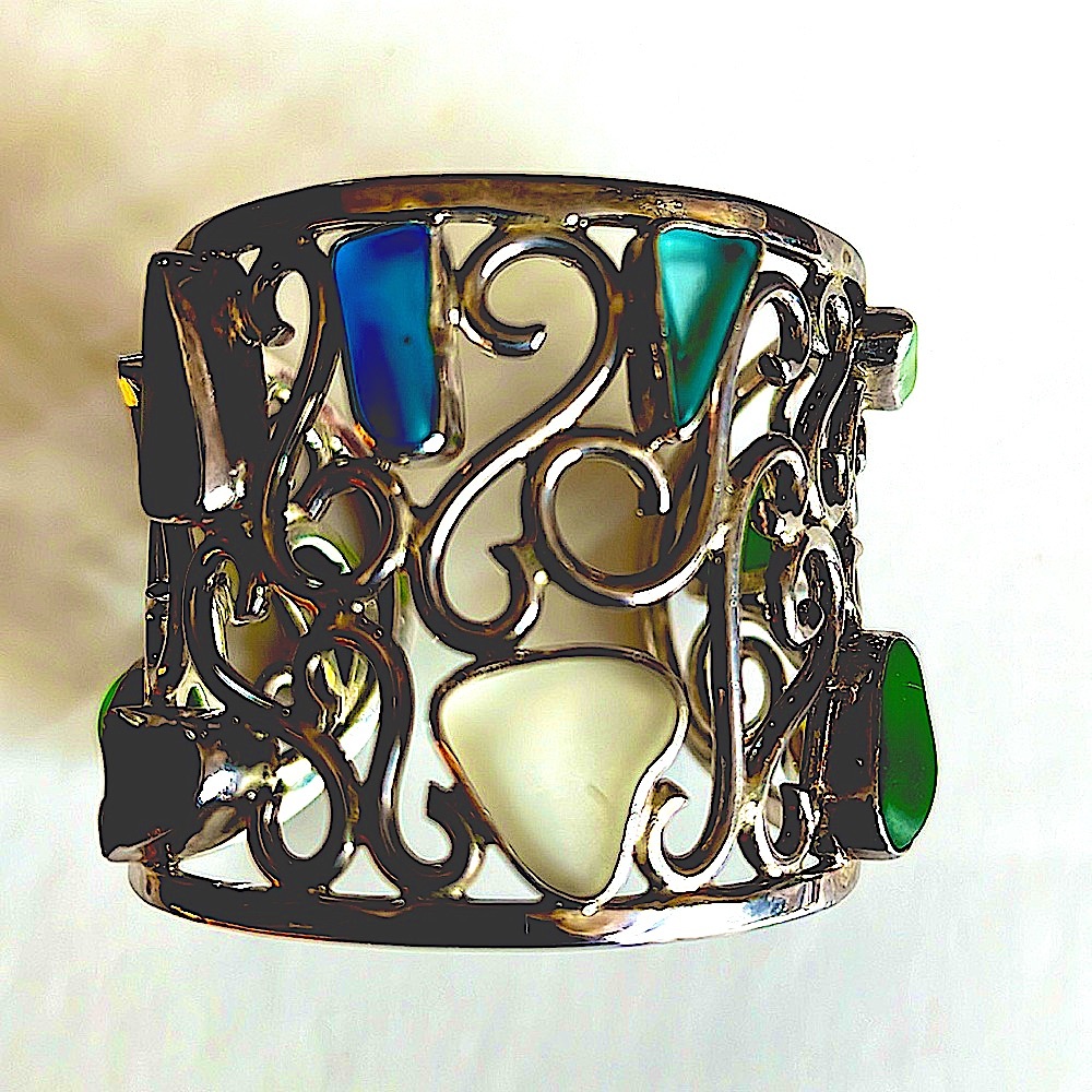 AuthenticCharles AlbertSterlingSilverCuffmulticolorSeaGlassContemporaryStunnig🔥